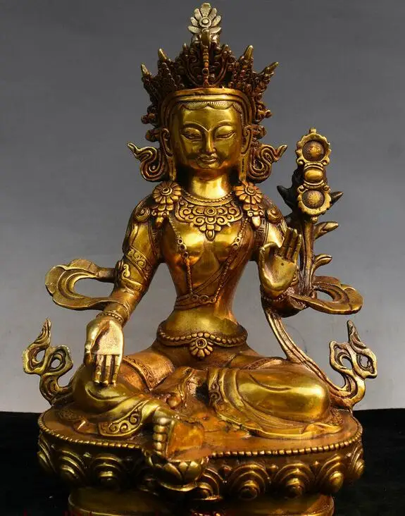 

Old Tibet Bronze Gilt Green Tara Mahayana Buddhism enlightenment Goddess Statue