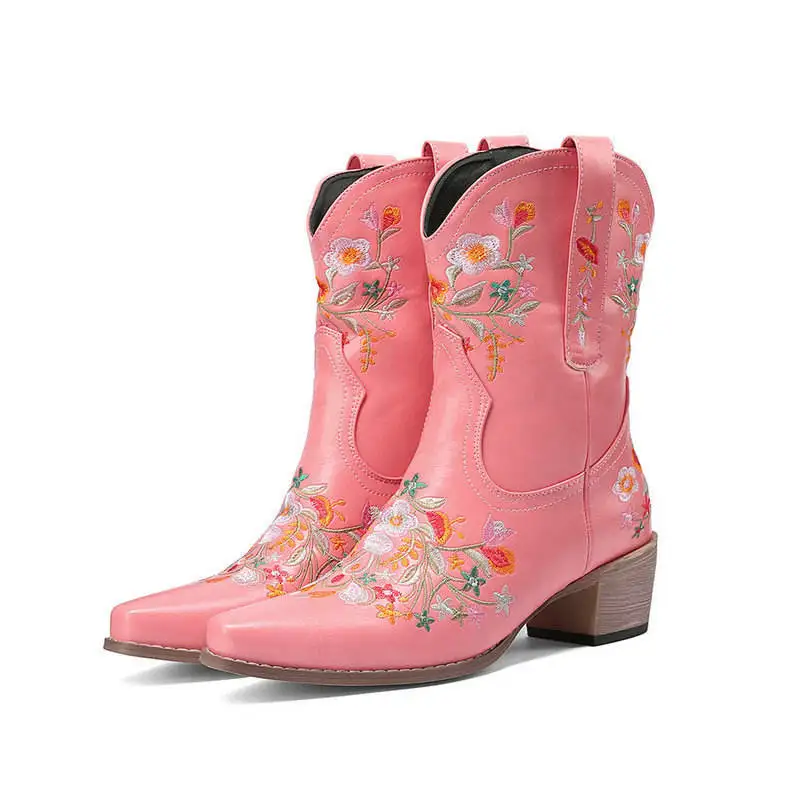 

New Vintage Retro Style Winter Fashion Design Women Cow Boy Boots Faux Leather Flower Embroidery Block Heel Womens Western Boots
