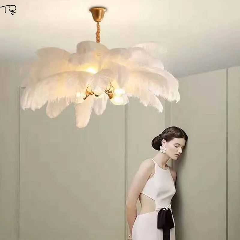 

Nordic Luxury Copper Ostrich Feathers Pendant Lights Plume Romantic Atmosphere Warm Hanging Lamp Bedroom Living Room Restaurant