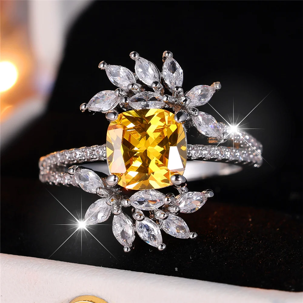 Luxury Female Yellow Zircon Stone Finger Ring Vintage Silver Color Wedding Band Bridal Jewelry For Women