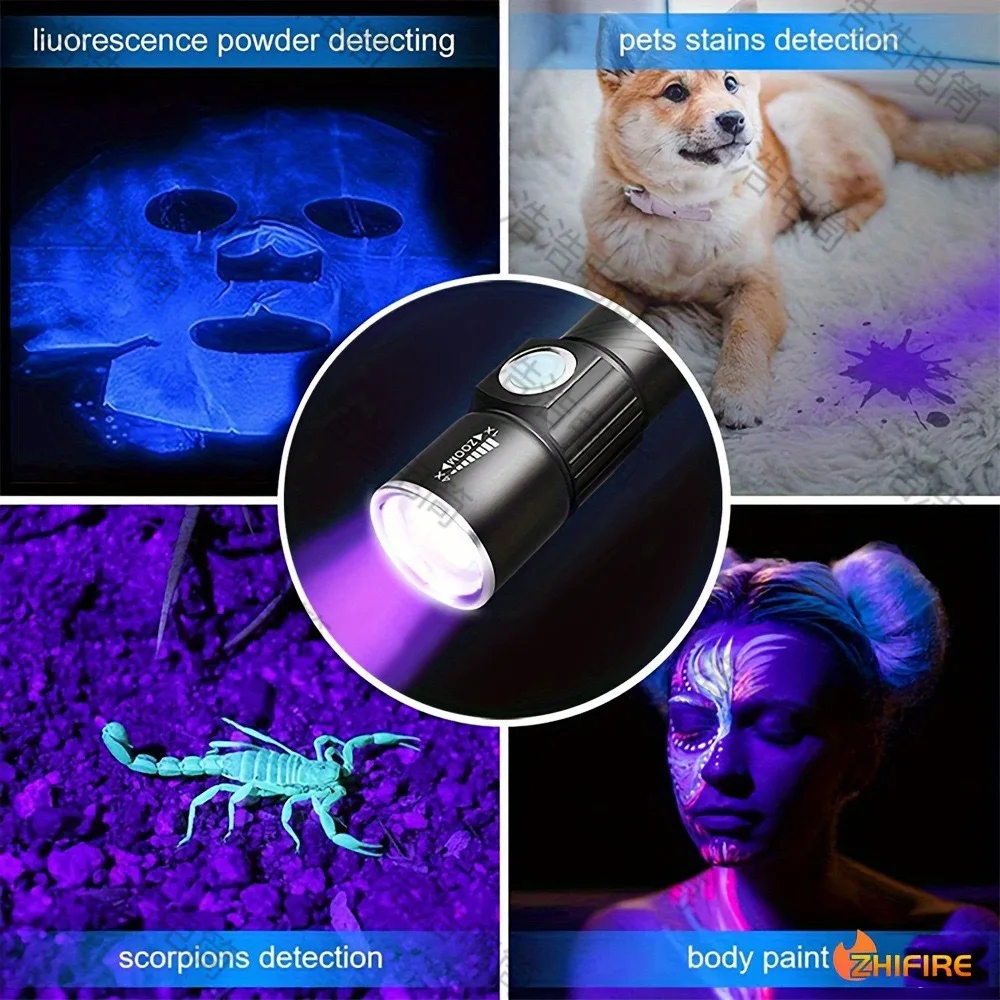 395nm UV Flashlight Blacklight Zoomable USB Rechargeable UV Light Ultraviolet Flashlight for Pet Urine Detector Resin Curing