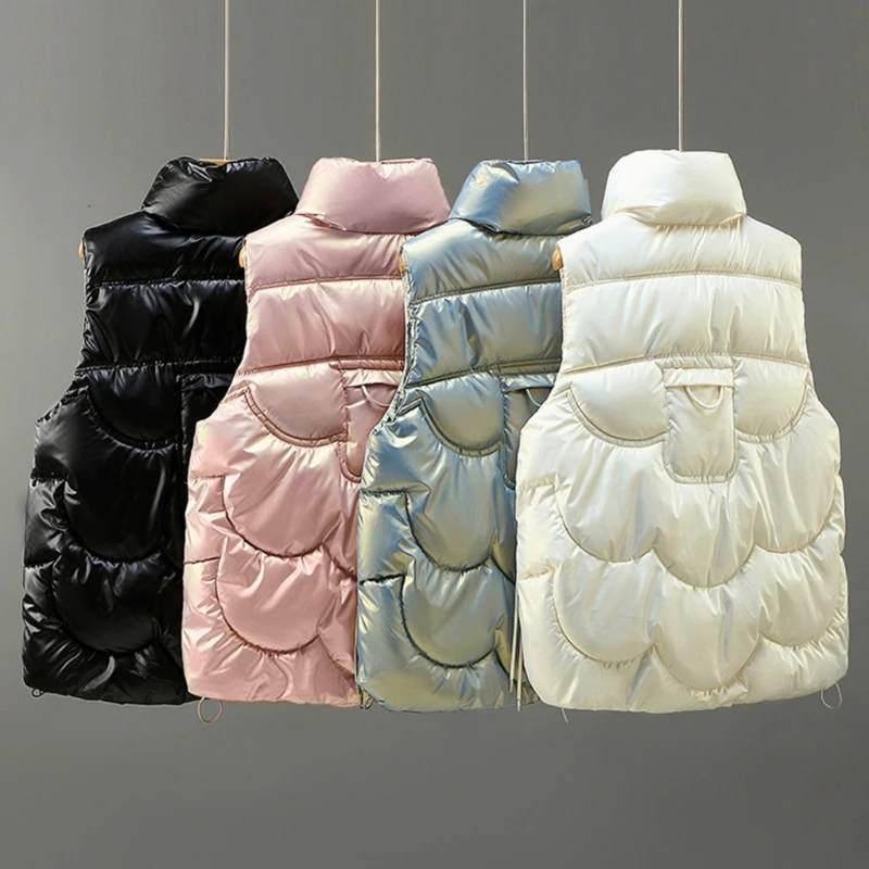 Down Jacket Womens Sleeveless Warm Puffer Vest Outerwear Stand Collar Zipper Up Shiny Solid Padded Gilet Waistcoat with Pockets - 3