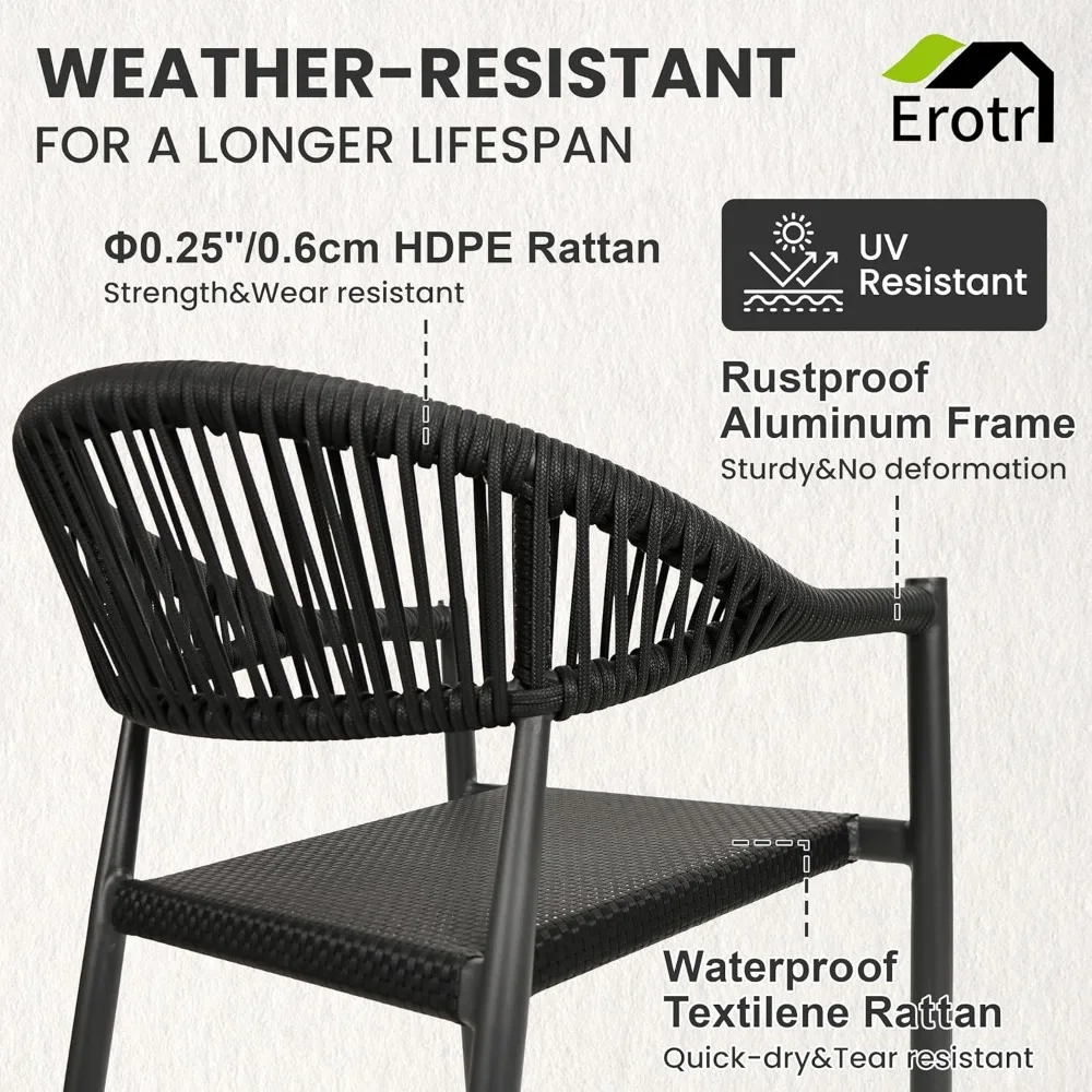 4 Pcs Stackable Dining Chairs, Aluminum Rattan Outdoor Dining Chair with Arms, Woven Rope Patio Armchair Metal No Assembly 4