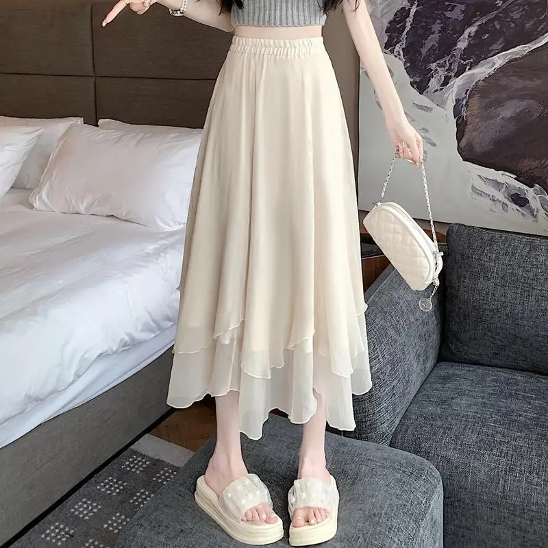 Irregular Net Yarn Half Length Skirt Summer New Thin High Waist Solid Color Loose A-line Skirt Sweet Fashion Women Clothing