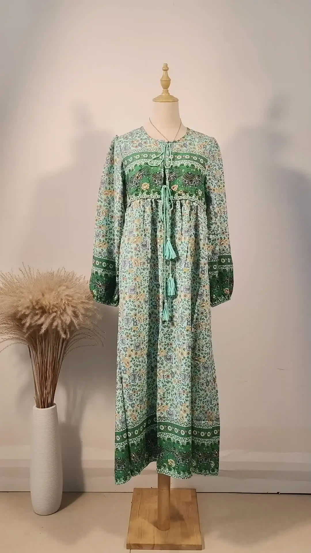 Boho Queens Women Elephant Green Floral Print Tie Neck Beach Bohemian Maxi  Dress Ladies Ethnic Rayon Cotton Boho Dresses Robe - AliExpress 200000345