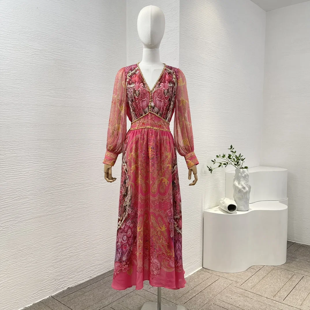 

Spring 2024 Pink Blue Long Sleeve Diamonds Chains Deco Midi Dress
