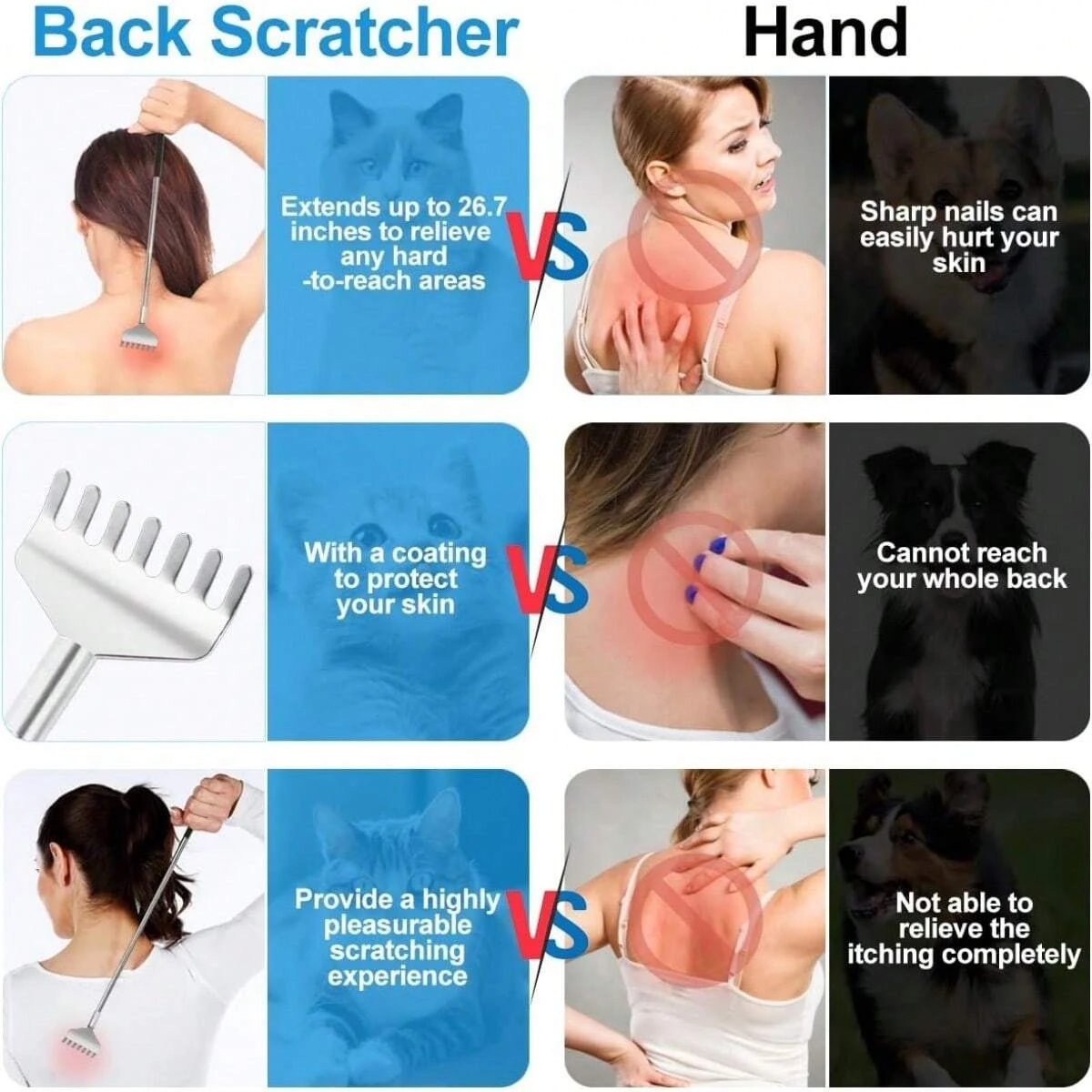 Extendable Back Scratcher Stainless Steel Portable Telescoping Back Scratchers for Adults Men Women with Rubber Handles