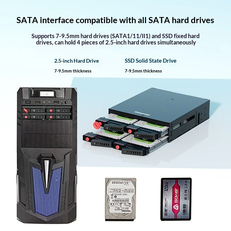 PC 5.25인치 베이용 4베이 2.5인치 SATA HDD 인클로저 - 금속 구조, 키 잠금, 핫스왑 가능, LED 표시등