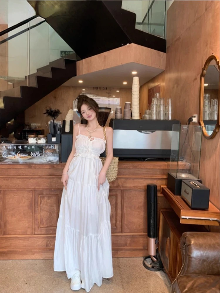 

Sweet Elegant Dresses Women Fashion Sexy Sleeveless Hollow Out Bandage Ruffles Backless Slim Stretch Holiday Temperament