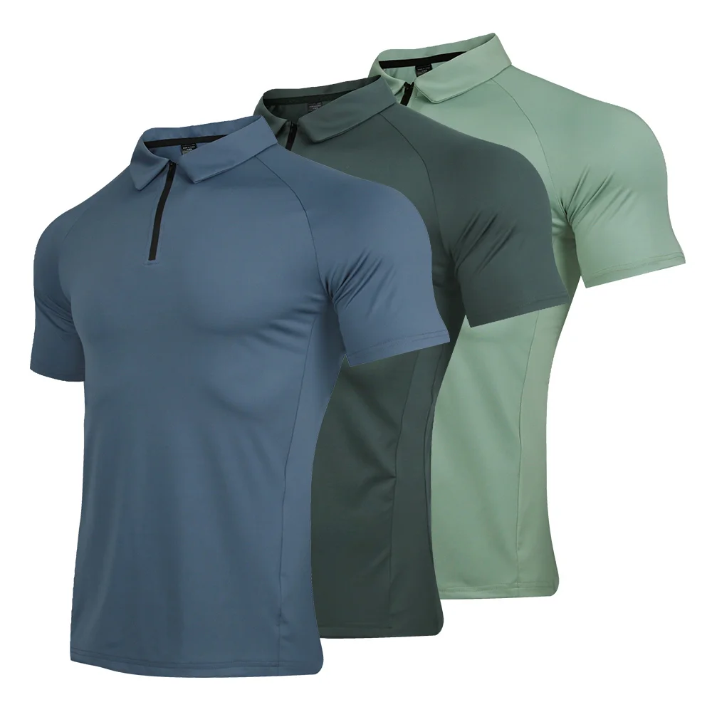 Mens Short Sleeve Sport T Shirt Quick Dry Running T-Shirt Breathable Fitness Top Zipper Lapel Gym Muscle Shirts Men Clothes
