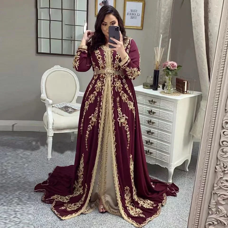

Moroccan 2023 Burgundy Long Sleeves Caftan Evening Dress Elegant Women Formal Party Gown Applique Prom Dresses فساتين السهرة