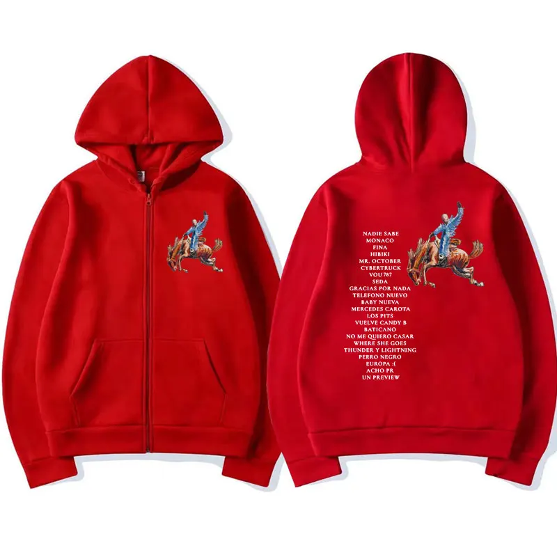 Bad Bunny Nadie Sabe Lo Que Va A Pasar Manana Printed Hoodies Hip Hop Streetwear Fleece Zip-up Hooded Sweatshirt Jacket Men's