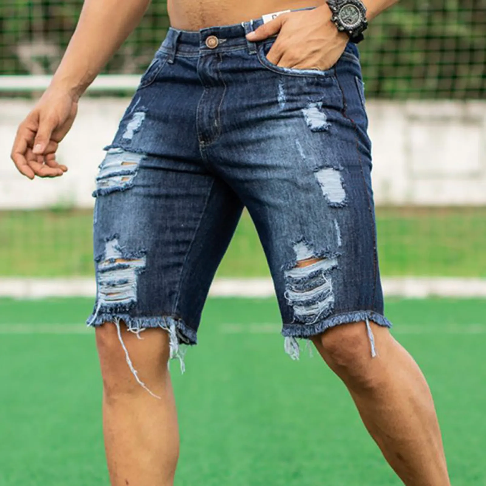 Men's Fashion Ripped Jeans Shorts Summer Casual Denim Shorts Mens Pocket Sports Summer Bodybuilding Denim Short Pants Jeans