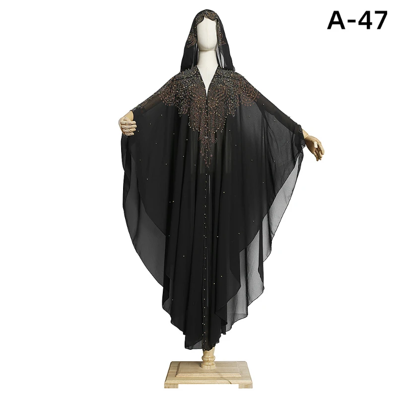 african wear for ladies African Maxi Dresses For Women Flare Sleeve Hooded Robes With Beading Fashion New Solid Loose Elegant African Dress Boubou Gowns african traditional clothing