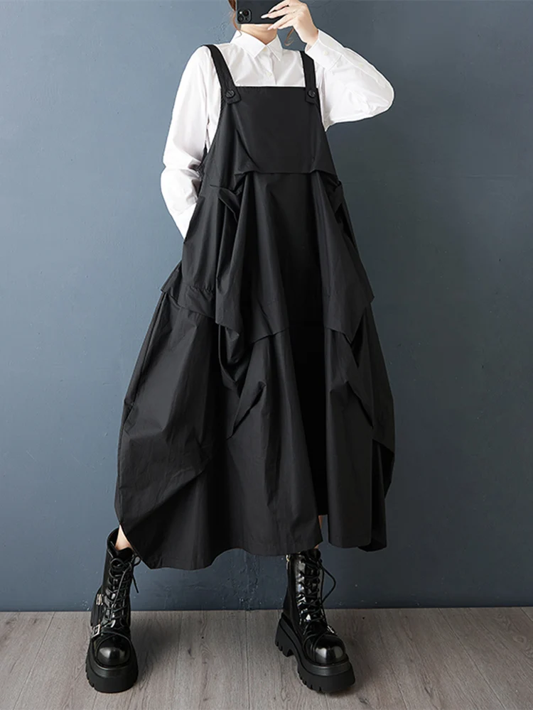 2025 Spring Autumn New Black Vintage Straps Dresses For Women Sleeveless Pleated Loose Casual Dress Robe Elegant Fashion Clothes