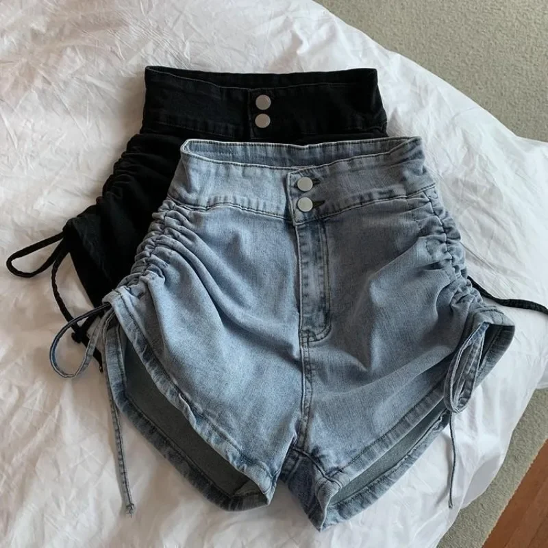 

Vintage Denim Summer High Waist Shorts Women Shirring Chic Femme Trendy Retro Hotsweet Ladies Trouser Solid Ulzzang Streetwear