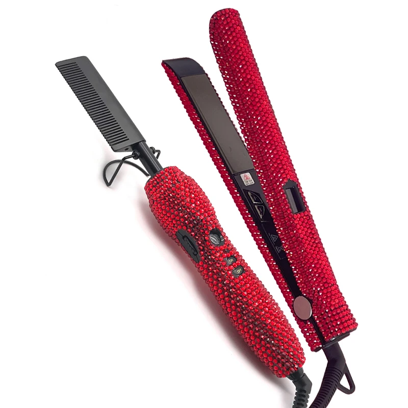 Hair Straightener and Hot Comb Set with Rhinestone High Heat Flat Iron straighter Combo peigne chauffant lisseur Lisseur Cheveux 5