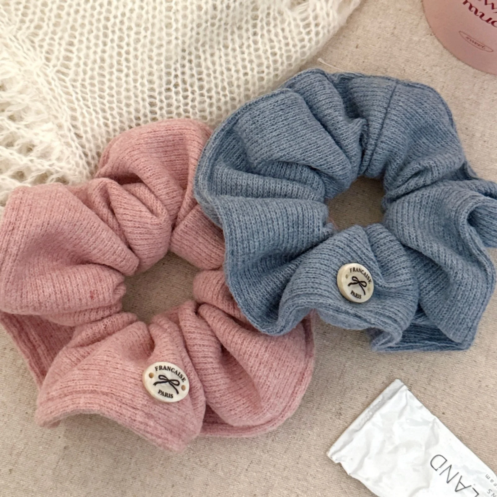 Knitted Scrunchies Set, Autumn Winter Soft Warm Hair Ties, Pink Blue Brown Hair Accessories For Women, French Style