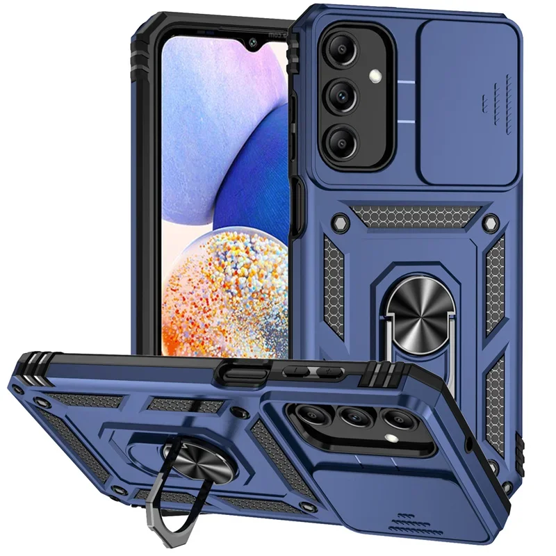 Durable Slide Lens Protect Armor Phone Case with Ring Stand Back Cover