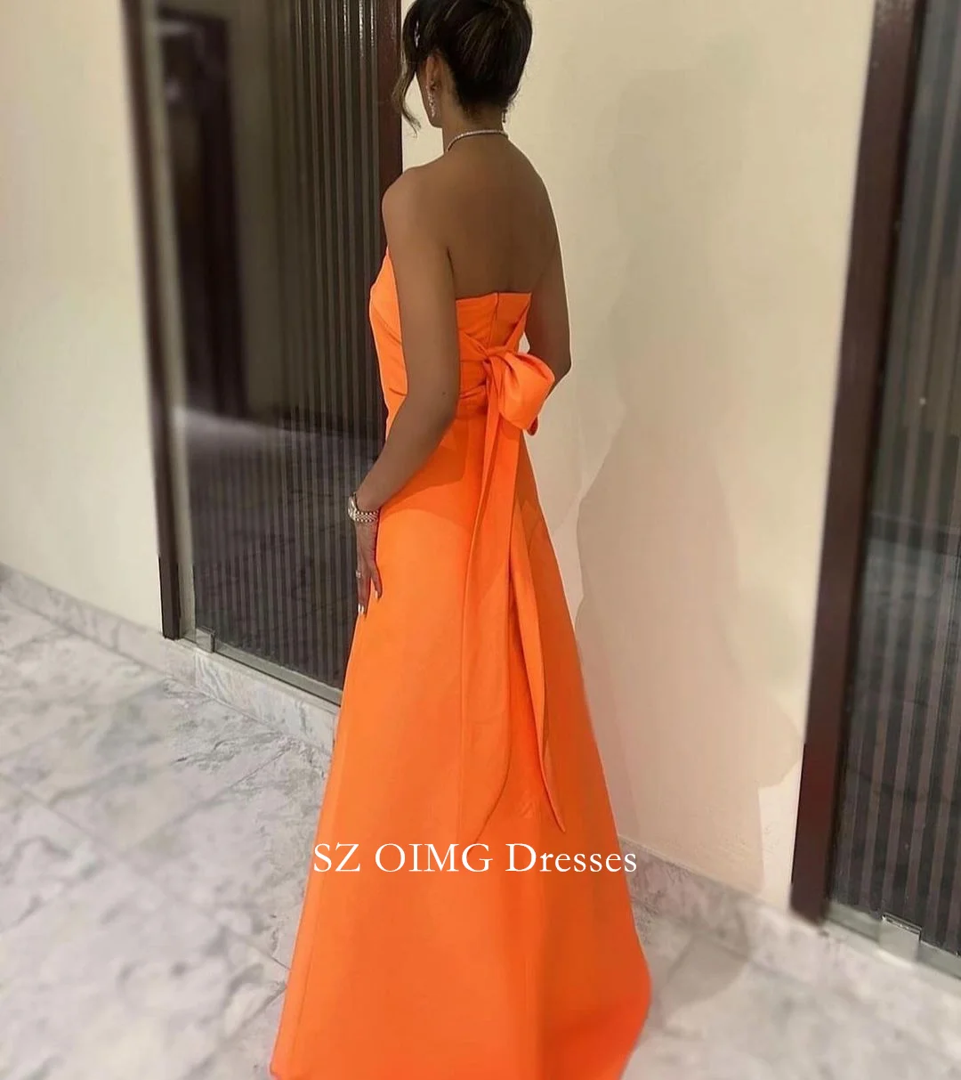OIMG Strapless Women Vintage Prom Dresses Sleeveless Floor Length Orange Sheath Simple Evening Gowns 2023 Formal Party Dress