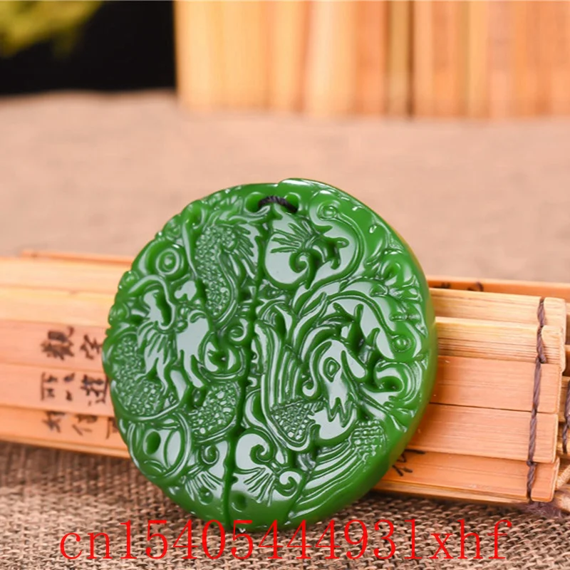 

Natural Hetian Green Jade Dragon Phoenix Pendant Necklace Fashion Jewelry Jasper Carved Charm Amulet Gifts for Women Men Lovers