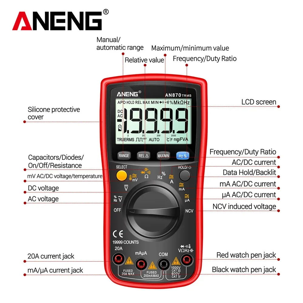 ANENG-AN870 ų  Ƽ 19999 īƮ,  Rms AC/DC   NCV Ʈ, Ȯ ڵ  ׽