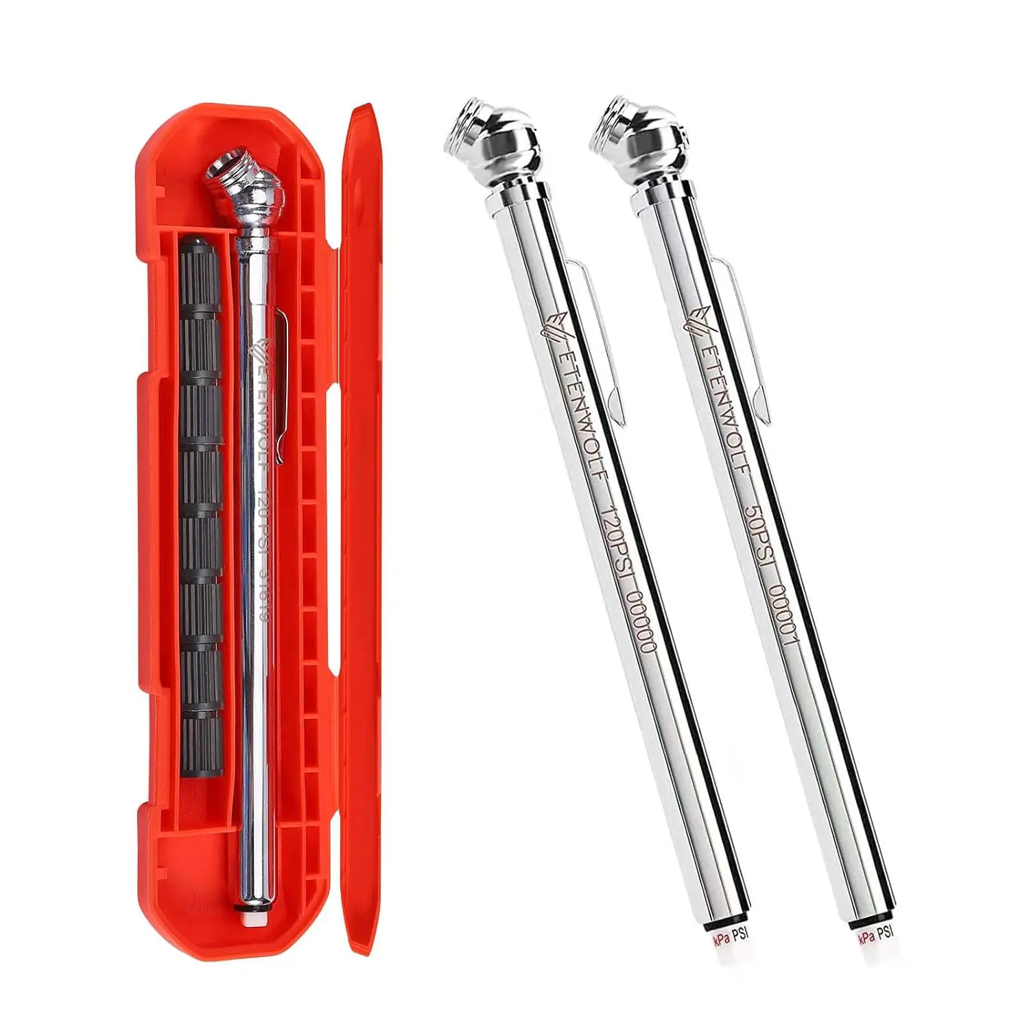 Pencil Tire Pressure Gauge 10-50PSI, 20-120PSI with 16 Tire Caps in 2 Cases, Calibrated to ANSI B40.1 Grade B(2%),Stainless Stee