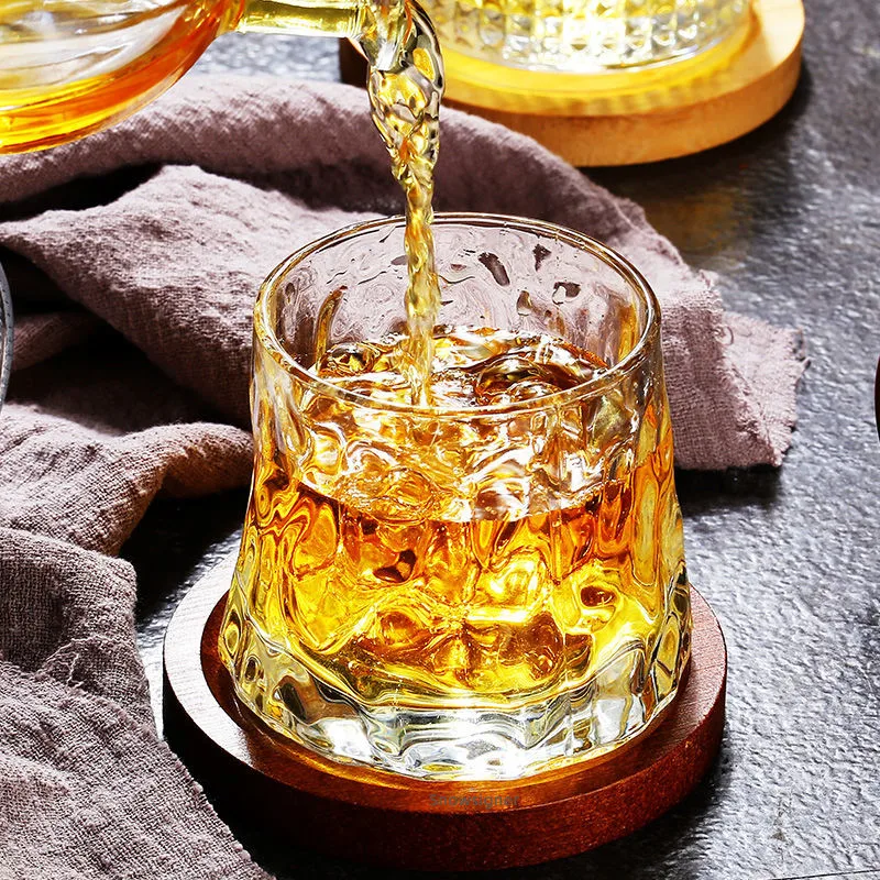 Creative Rotary Whiskey Glass Cup with Coaster Transparent Juice Cup Crystal Wine Tumbler Vodka Cognac Brandy Snifter Shake