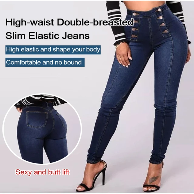 Pantalones vaqueros elásticos para mujer, ajustados de Vaqueros cintura  alta con botonadura, ropa de calle, primavera, 2024 - AliExpress