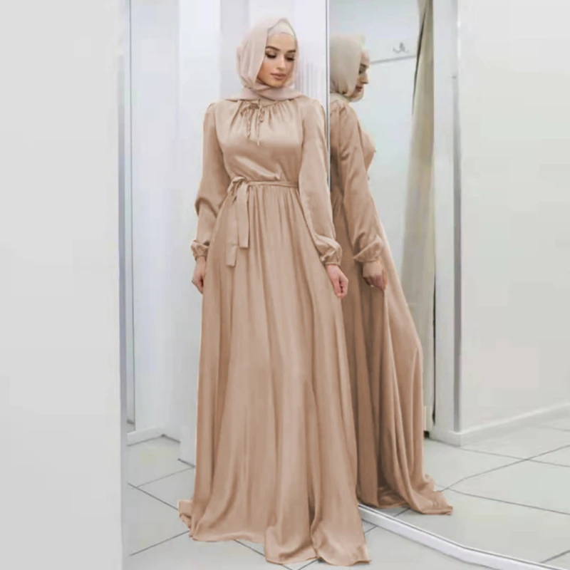 

Hijab Satin Dress Ramadan Muslim Fashion Belted Abaya Dubai Turkey Arabic African Maxi Dresses for Women Islam Clothing Robes