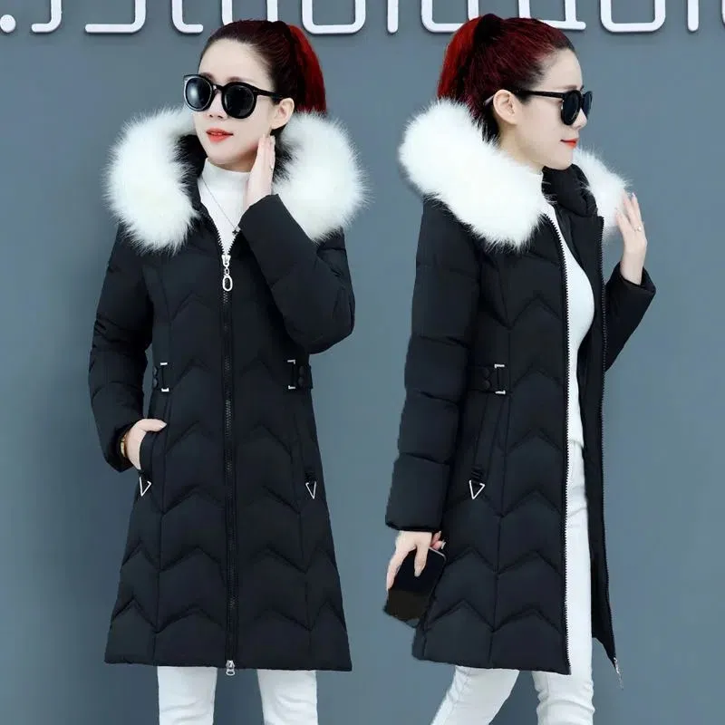

Женская парка с большим меховым воротником, длинная толстая теплая куртка с капюшоном, повседневная верхняя одежда из хлопка, Зимняя парка, 2022