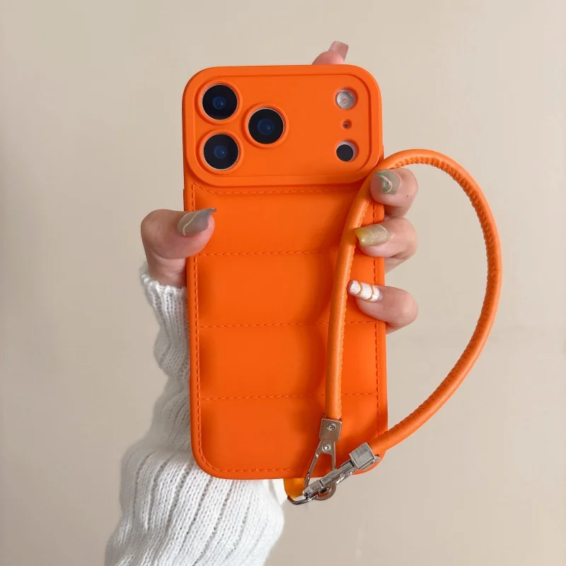Luxury Wave Puffer Down Jacket Wrist Strap Phone Case - Solid Color Soft Cover