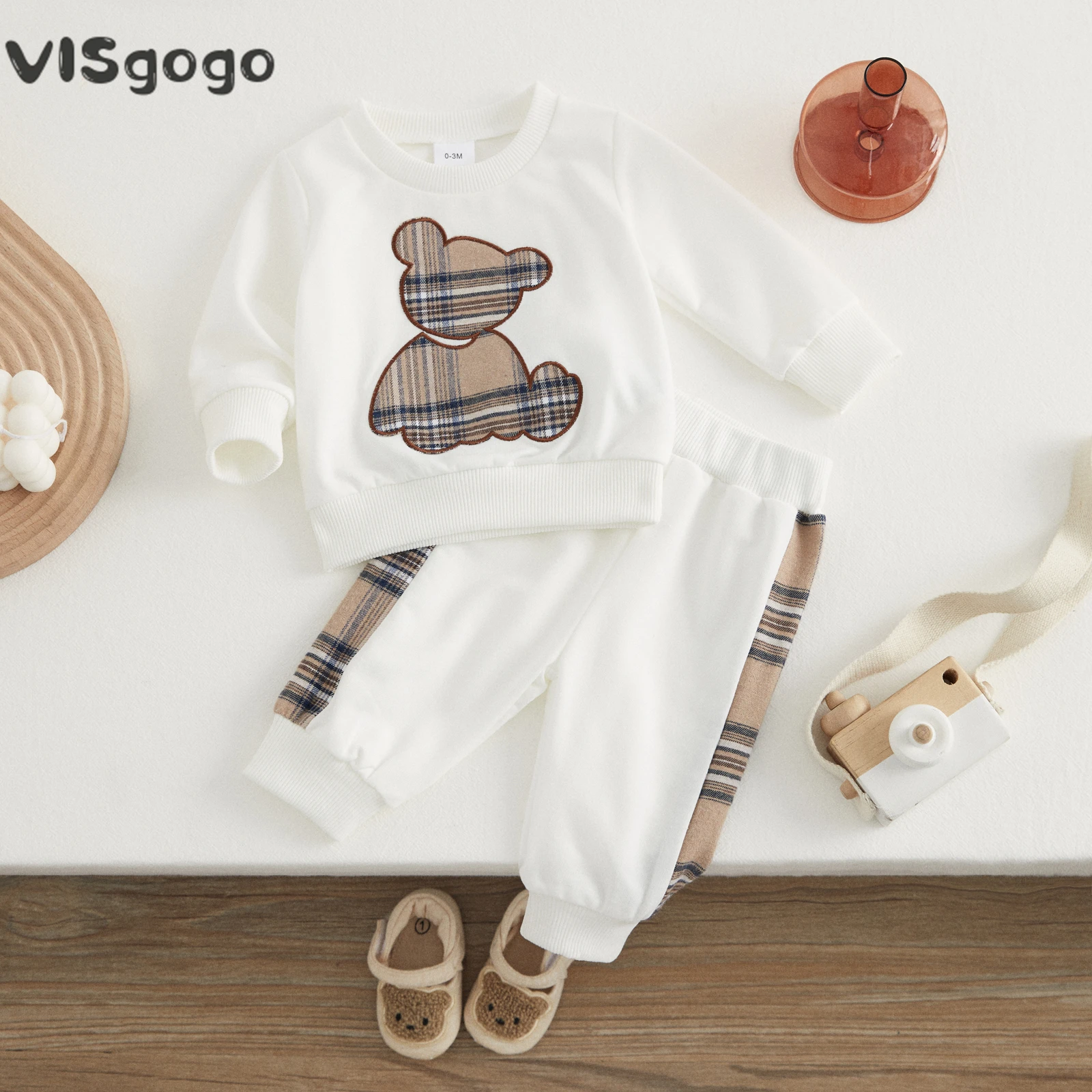 

VISgogo Baby Girl Boy Clothes Spring Fall Outfits Long Sleeve Plaid Bear Sweatshirt Tops and Pants 2Pcs Casual Tracksuits