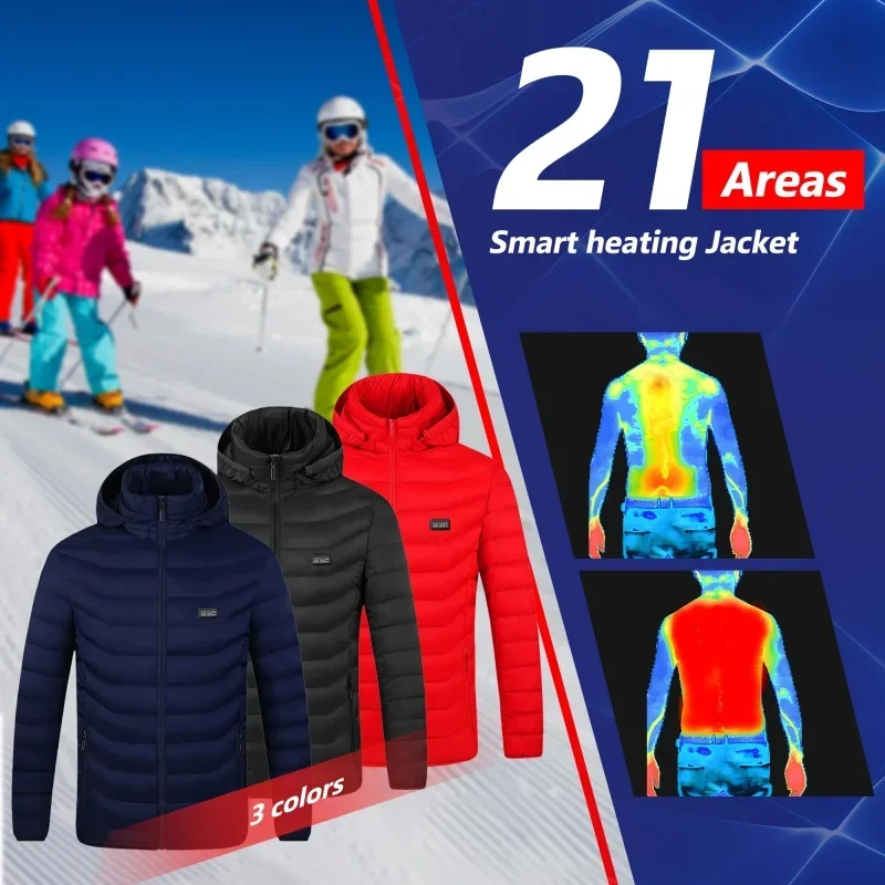 21 Areas Heated Jacket Men's USB Electric Smart Hooded Coat Self-heating Clothes Men Casual Ski Cold-proof Thermal Padded Jacket 2