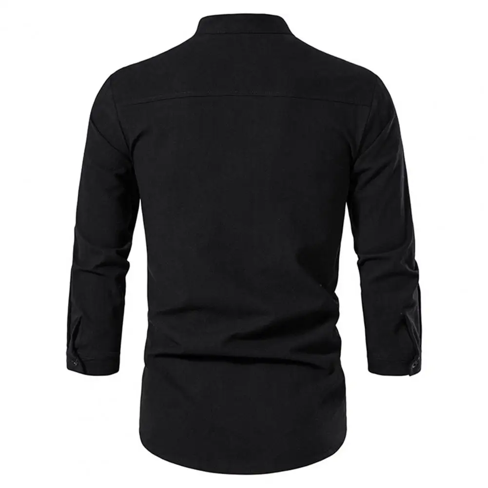 Men Daily Top Men's Slim Fit Stand Collar Shirt with Chest Pocket Soft Breathable Long Sleeve Casual Top for Spring Fall Beach