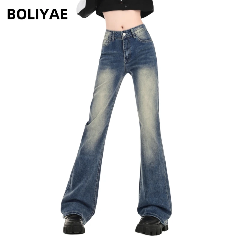 

Boliyae High Waist Slim Flare Jeans Women Elastic Denim Pants Female Fashion Y2K Streetwear Vintage Washed Trousers Mom Jeans