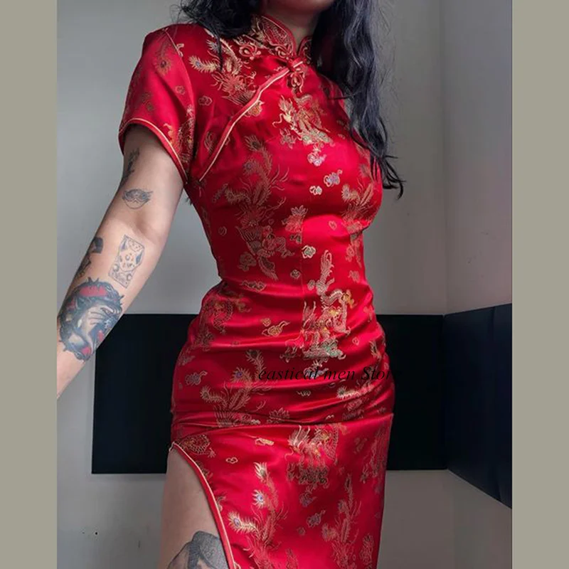 Evening Party Vestidos Chinese Style Dress Jacquard Satin Cheongsam Women Sexy Split Qipao Traditional Button Down Dress chinese dress