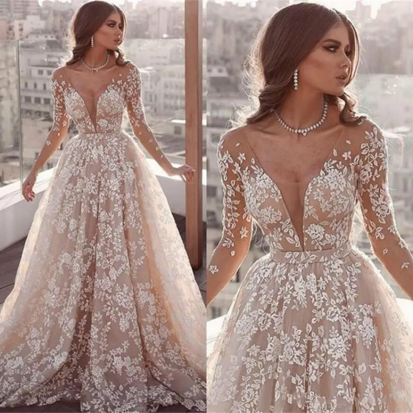 Plus Size A Line Wedding Dresses Long Illusion Sleeves Lace Applique Scoop Neck Sweep Train Wedding Dress Bridal Gowns Vestidos