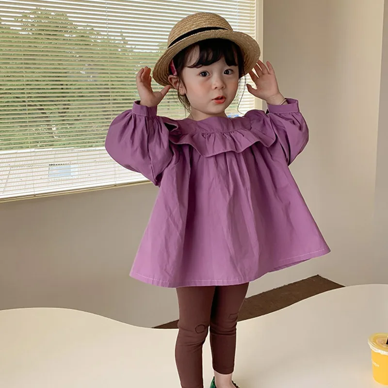 여아용 스퀘어넥 긴팔 셔츠, 풀오버 퍼프 소매, 피부 친화적이고 통기성 좋은 기본 상의, 단색