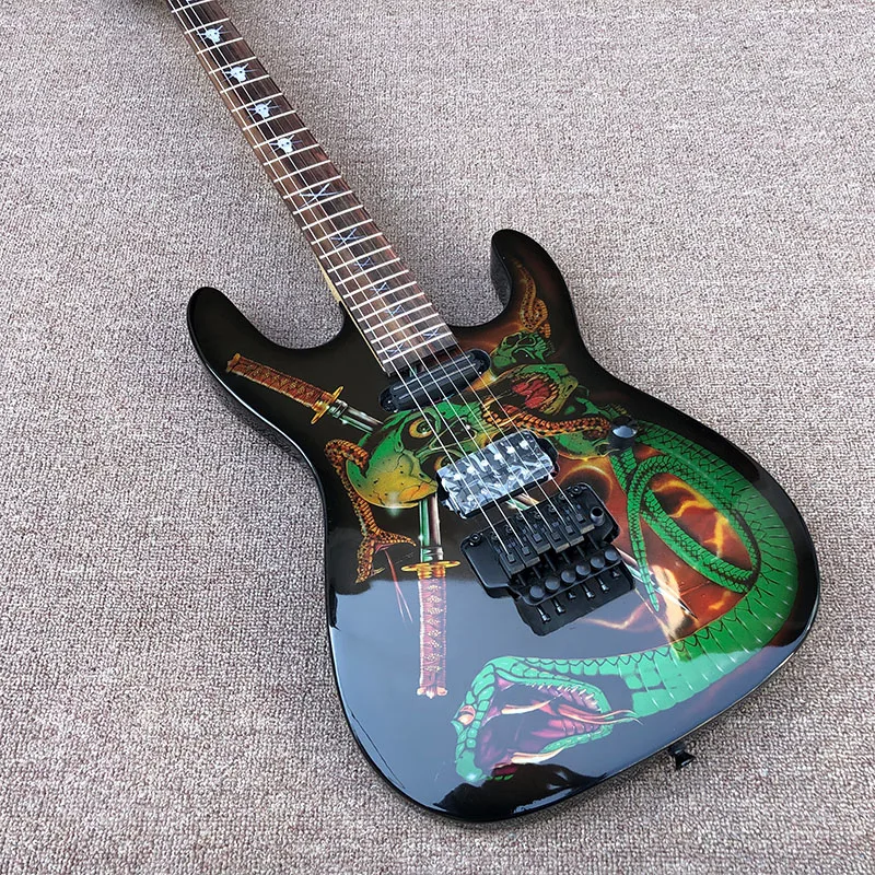 

Clearance! Rhxflame George Lynch Skulls & Snakes Electric Guitar Floyd Rose Tremolo Black Hardware Skull & Swords Inlay