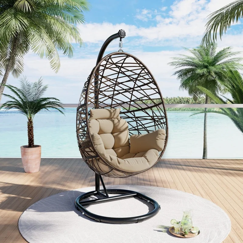 

Egg Chair Outdoor Indoor Wicker Tear Drop Hanging Chair with Stand Color Cushion Brown