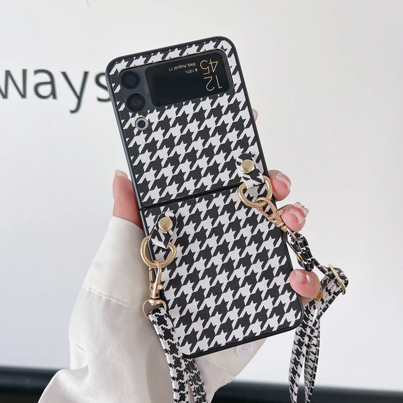 

Z Flip 3 Funda Case for Samsung Galaxy Z Flip 3 5G Houndstooth Pattern Crossbody Shock proof Protection Phone Case Cover ZFlip3