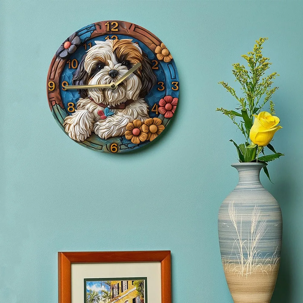 Wooden wall clock with a cute Shih Tzu design, perfect for home decor. Requires AA batteries 6