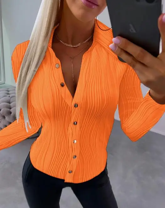 

Shirt for Women 2023 Autumn Casual Long Sleeve Pleated Sexy V-Neck Button Design Fashion Work Textured Shirt Basics Blouses Top