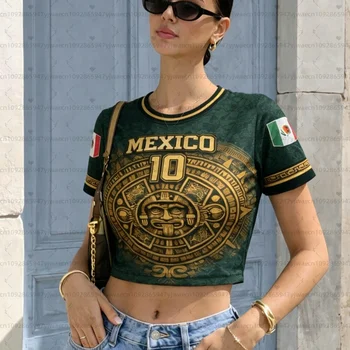 2026 Mexico 3D Pattern Cheerleader Women's Football Jersey, Mexican Flag Crop Top, Summer Casual Streetwear Tee For soccer Fans
