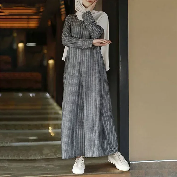 

Muslim Abayas for Women Retro Women's Cotton and Hemp Pullover Round Neck A-line Skirt Dress Casual Temperament Stripes Abayas