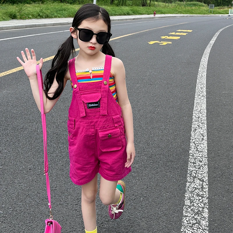 

Летний комплект из 2 предметов для девочек, жилет + комбинезон на бретелях, детская одежда, костюм для подростков, детская модная одежда в радужную полоску 5-14