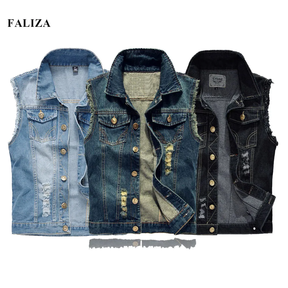 FALIZA New Mens Denim Vests Ripped Sleeveless Jeans Jacket Men Waistcoats Cotton Gilet Tank West Cowboy Hip Hop Rivet Streetwear mens splatter ripped drippy jeans 38