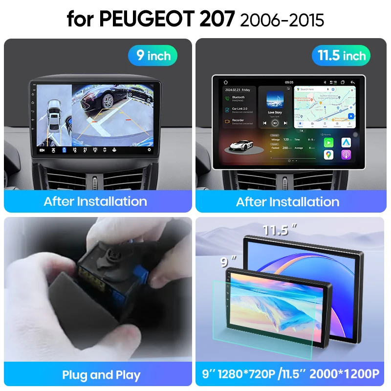 Podofo Autoradio Per Peugeot 207 (2006-2015) 9 Pollici, Android 13, 2+64GB, Wireless Carplay, GPS, Bluetooth, Telecamera Inclusa
