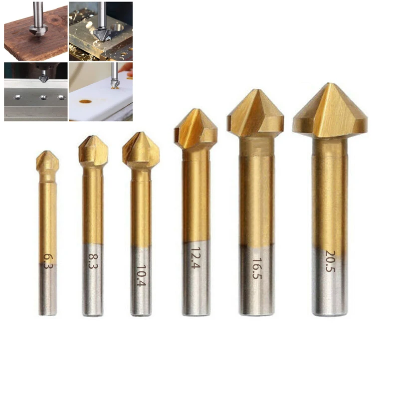 

6.3-20.5MM 6pcs Titanium Round Shank 3 Flute 90 Degree HSS Chamfer Chamfering Cutter End Mill Tool Countersink Drill Bit Set
